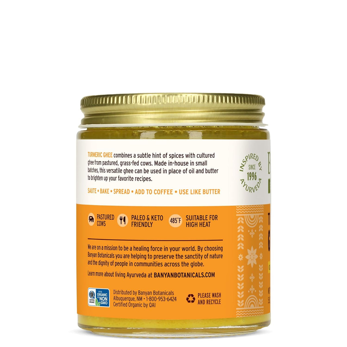 Banyan Botanicals Turmeric Ghee – Cultured Grass-Fed Organic Ghee (Clarified Butter) with Turmeric & Ginger – Oil & Butter Alternative for Cooking & Baking – 5.65 oz – Non-GMO Gluten Free Vegetarian