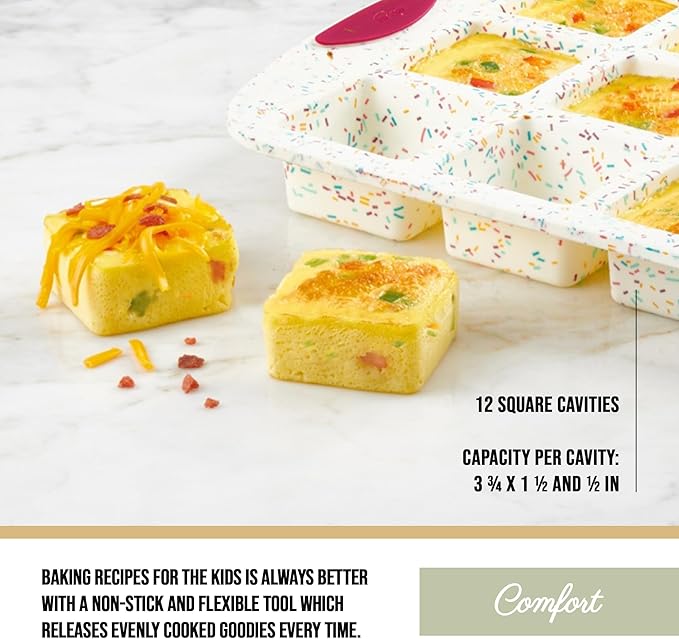 Trudeau Brownie Pan – White Confetti/Fuchsia, 12 Cavity Nonstick Bakeware for Brownies, Mini Cakes, Muffins, Dessert Bars, Easy Release, Dishwasher Safe