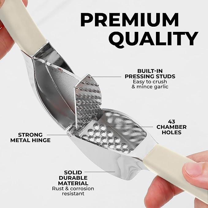 Zulay Kitchen Comfort Grip Garlic Press - Garlic Mincer Tool - Garlic Crusher - Garlic Press Mincer Rust Proof, with Soft Ergonomic Handle, Easy Clean Set with Peeler and Brush - White