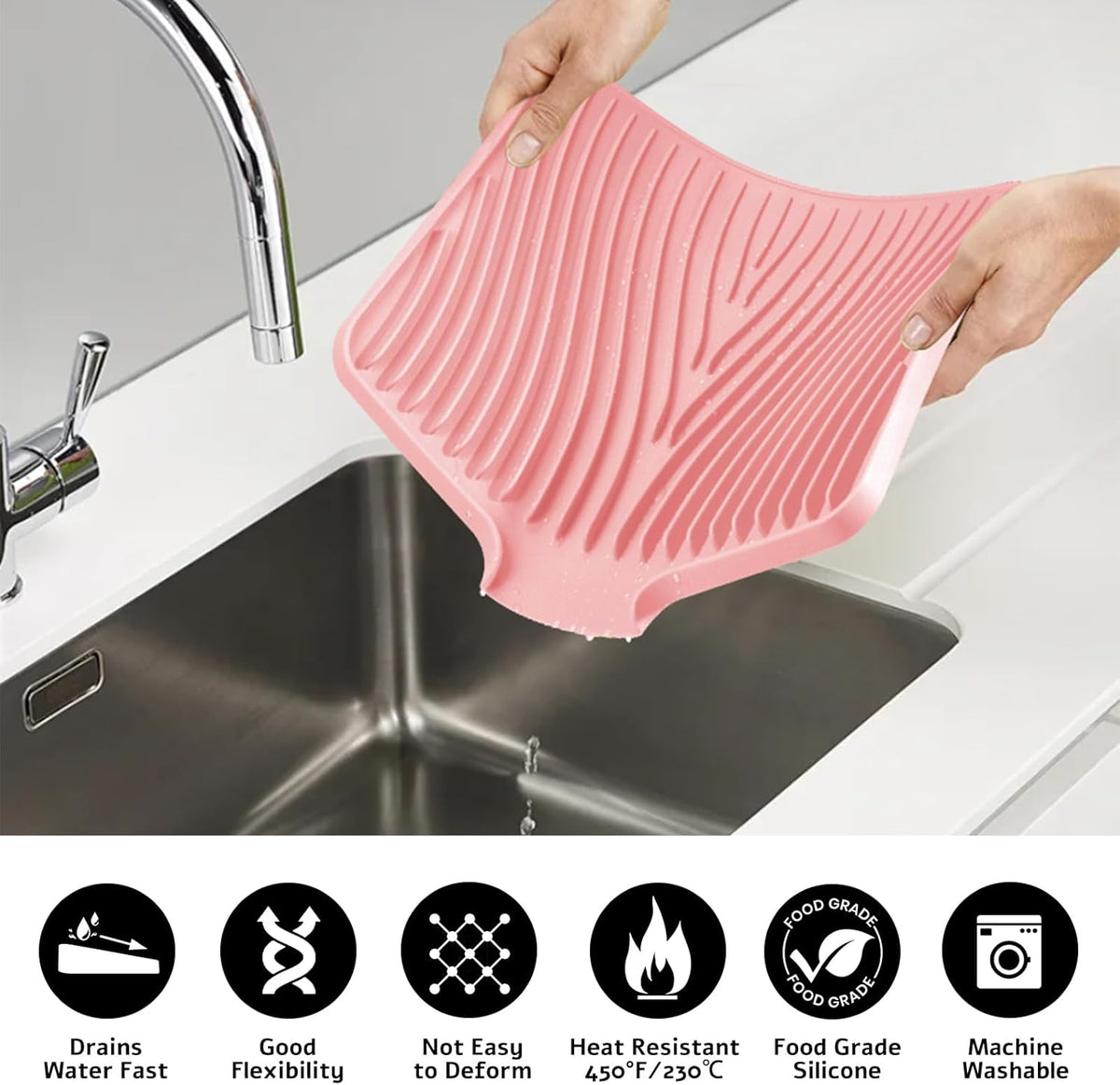 Silicone Dish Drying Mat for Kitchen Counter, Dish Drying Pad, Non-Slip Drain Pad with Built-in Drain, Heat Resistant Stone Drying Mat, 3 pcs (Pink)