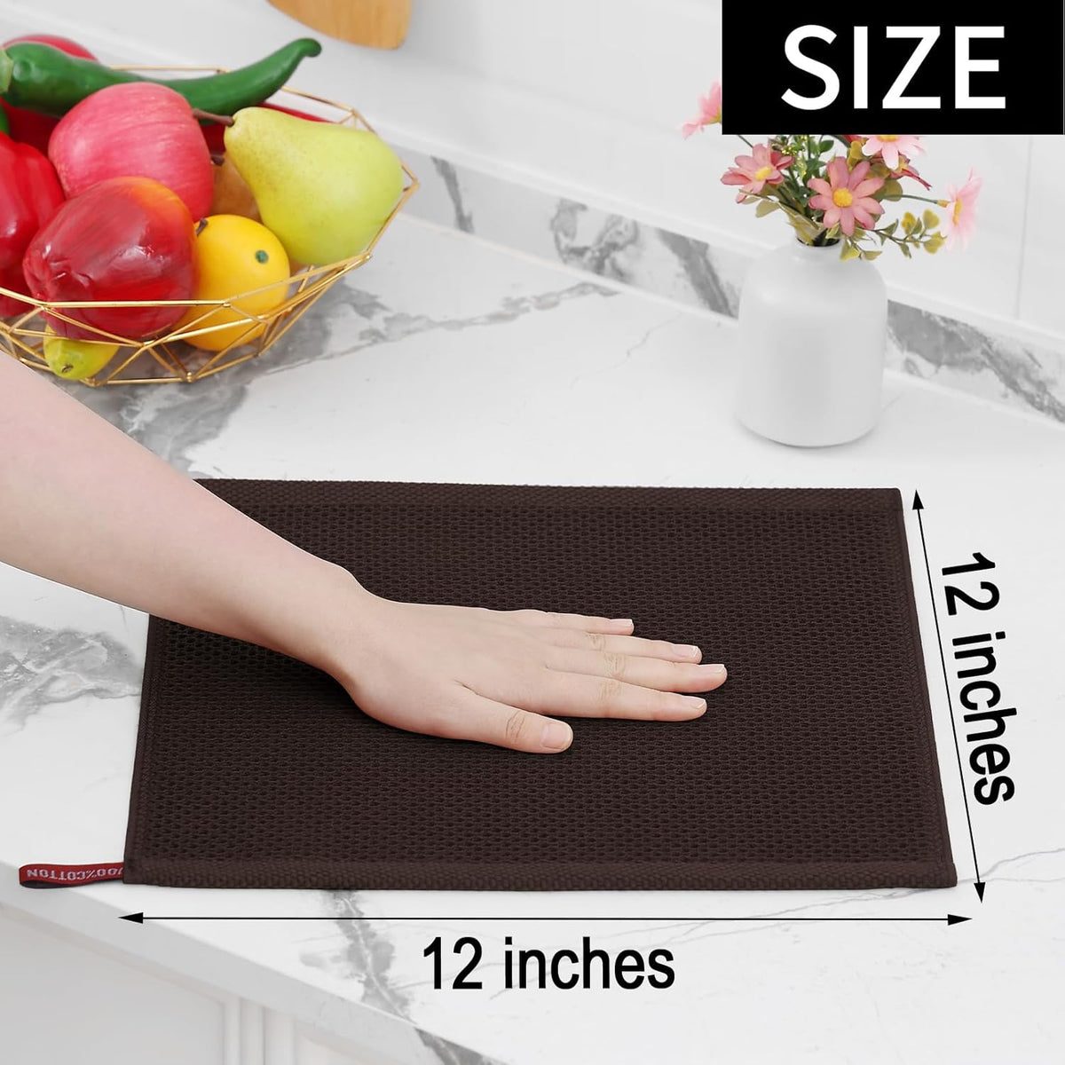 Homaxy 100% Cotton Waffle Weave Kitchen Dish Cloths, Ultra Soft Absorbent Quick Drying Dish Towels, 12 x 12 Inches, 8-Pack, Dark Brown