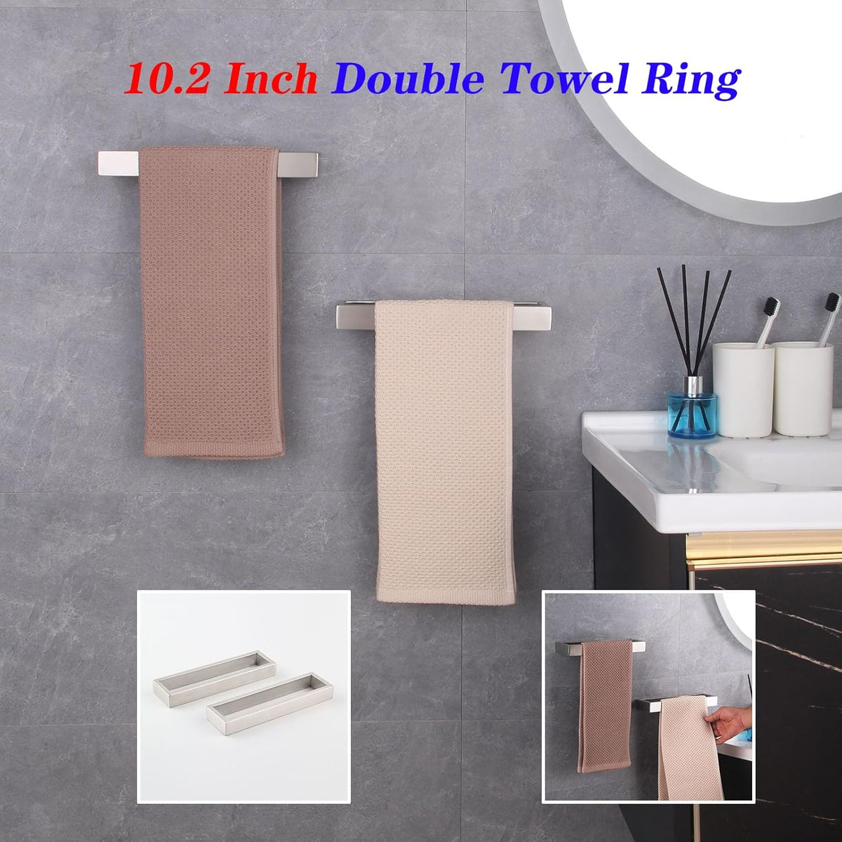GERZWY Modern Towel Holder Square Style Brushed Stainless Steel Towel Hanger Towel Ring for Bathroom Wall Mount 2 Pack HG1716-2LS