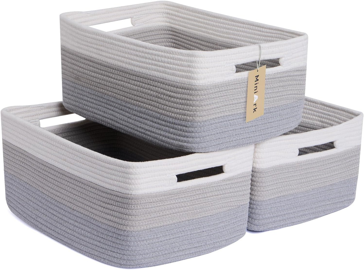 Large Storage Baskets for Shelves, Closet Organizers Bins for Clothes Blanket Towels, Baby Nursery, Toy Baskets Box, Woven Rope Baskets, 17 x 13 x 7.5”, 3 Packs Gradient Grey