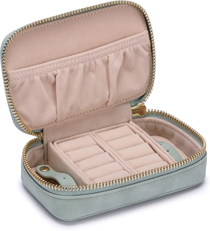HISCOW Vegan Leather Travel Jewelry Case with Zipper - Portable Necklace & Earring Holder Organizer for Women Girls, Velvet-Lined Ring Box with Anti-Tarnish Design, Light Green