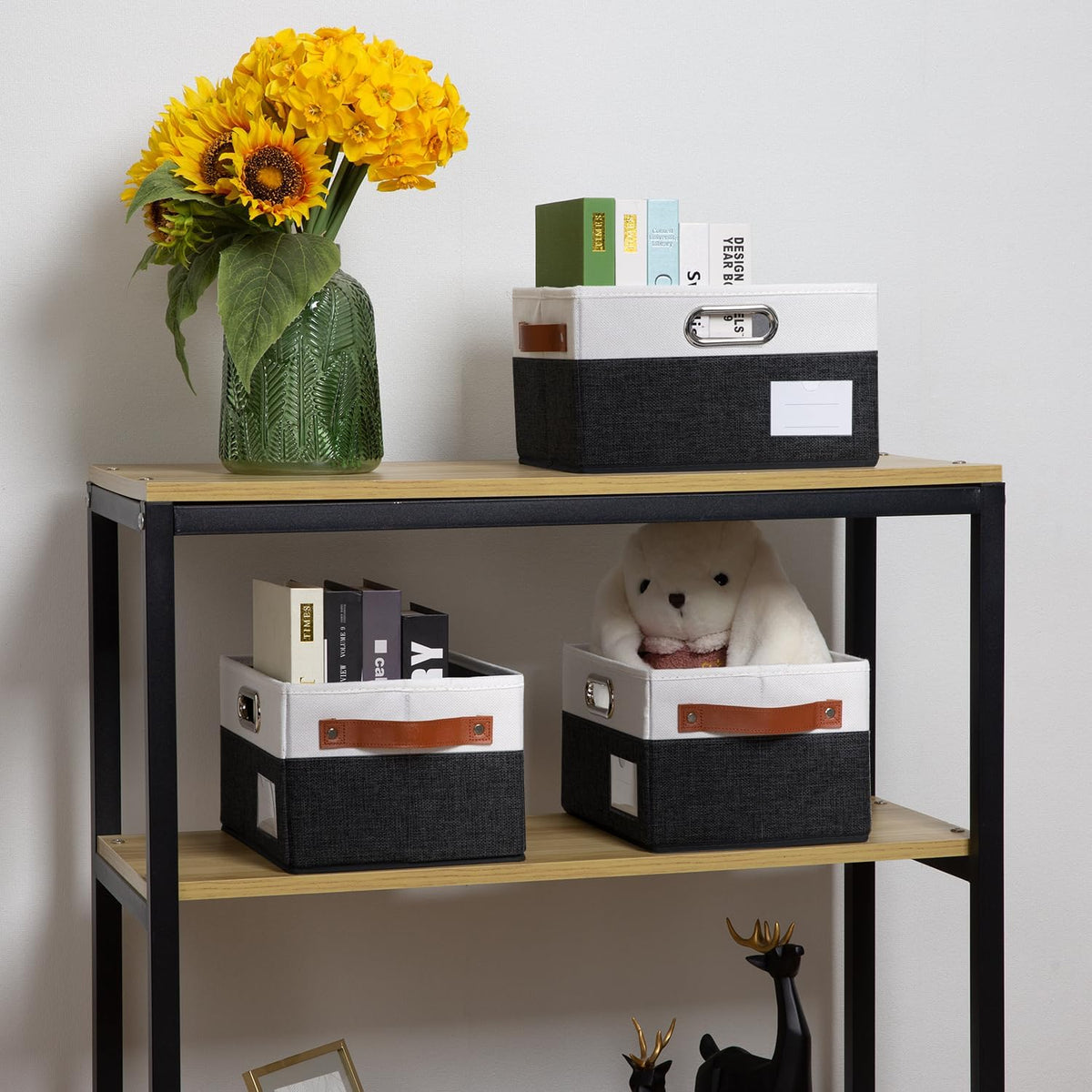 PRANDOM Foldable Storage Bins with Handles [3-Pack] Fabric Collapsible Storage Boxes Baskets Cubes Containers with Handles for Closet Living Room Bedroom (Black & White 11.5x8.5x6.7'')