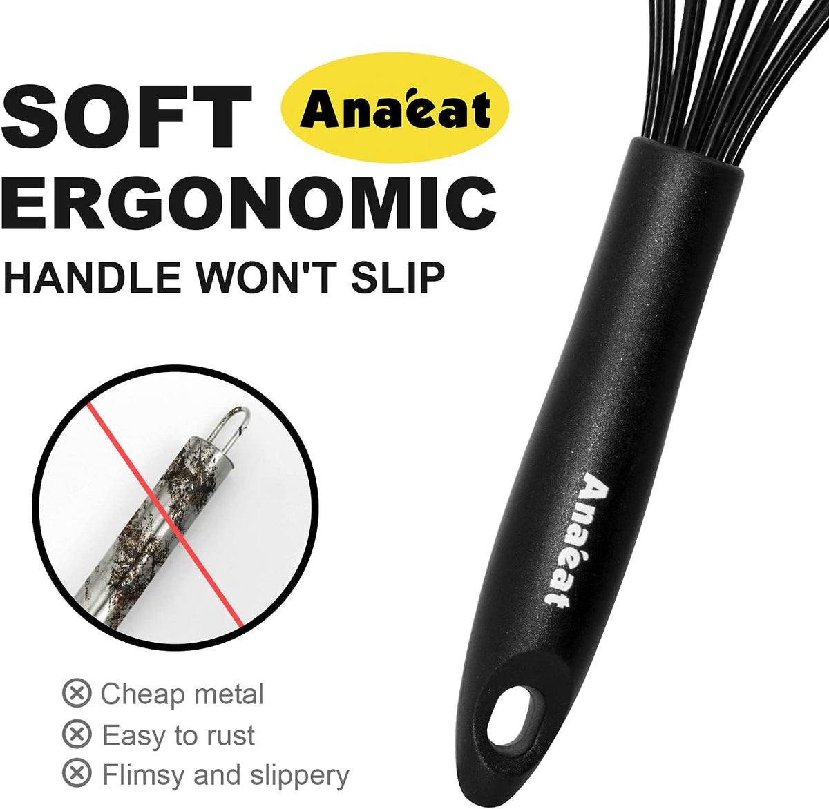 Anaeat 8.5" Silicone Balloon Whisk, Perfect for Non-Stick Cookware, Milk and Egg Beater Blender, Heat Resistant Kitchen Whisks for Whisking, Cooking, Baking, Beating, Frothing & Stirring (Black)