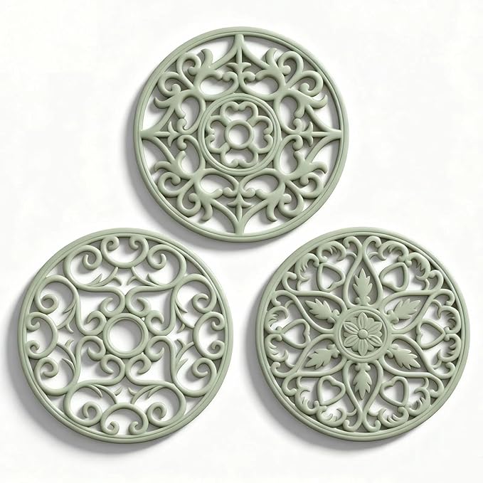 ME.FAN Trivets for Dishes/Pots/Pans, 3 Pcs Silicone Mats, Flexible/Durable/Non Slip Hot Pads to Protect Table and Counter Top (Desert Sage)