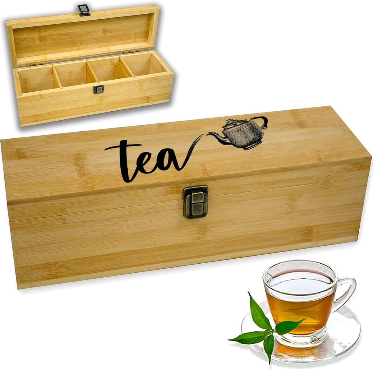 Tea Organizer Box Food Safe Bamboo Wood Chemical Free Big, Tall, Adjustable Cubbies Natural Storage Chest (4-Slot Across 14.3" x 4.4" x 4.2" with Tea Cup design)