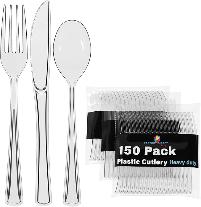 Party Solids Clear Plastic Silverware Heavy Duty 150 Pieces Clear Plastic Cutlery Sets, Utensil Sets, 50 Of Each Forks, Knives & Spoons Disposable Cutlery Set, Flatware Set For Party Supplies