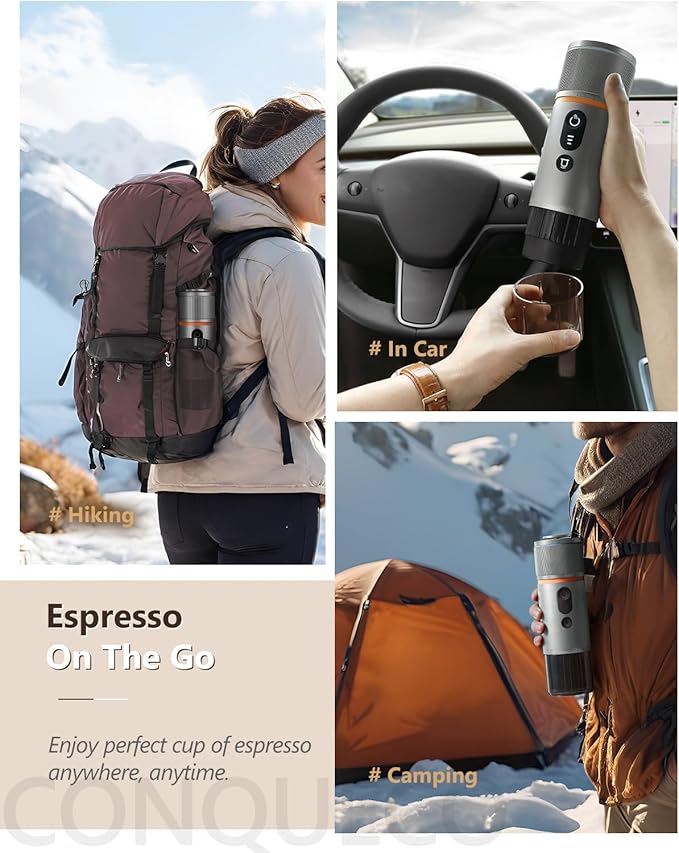 CONQUECO Portable Espresso Coffee Machine: 12V Electric Small Travel Expresso Maker - Self Heating 8 Cups Battery Powered Compatible for Nespresso Capsule - for Camping RV Hiking Office (Brown)