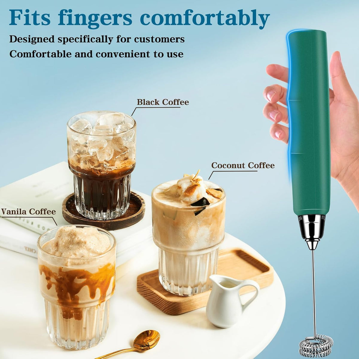 Milk Frother Handheld for Coffee, Electric Whisk 3 Speed Adjustable, Drink Mixer with Stainless 3 Whisks, Rechargeable Hand Frother Wand, for Latte Cappuccino Hot Chocolate Egg Green
