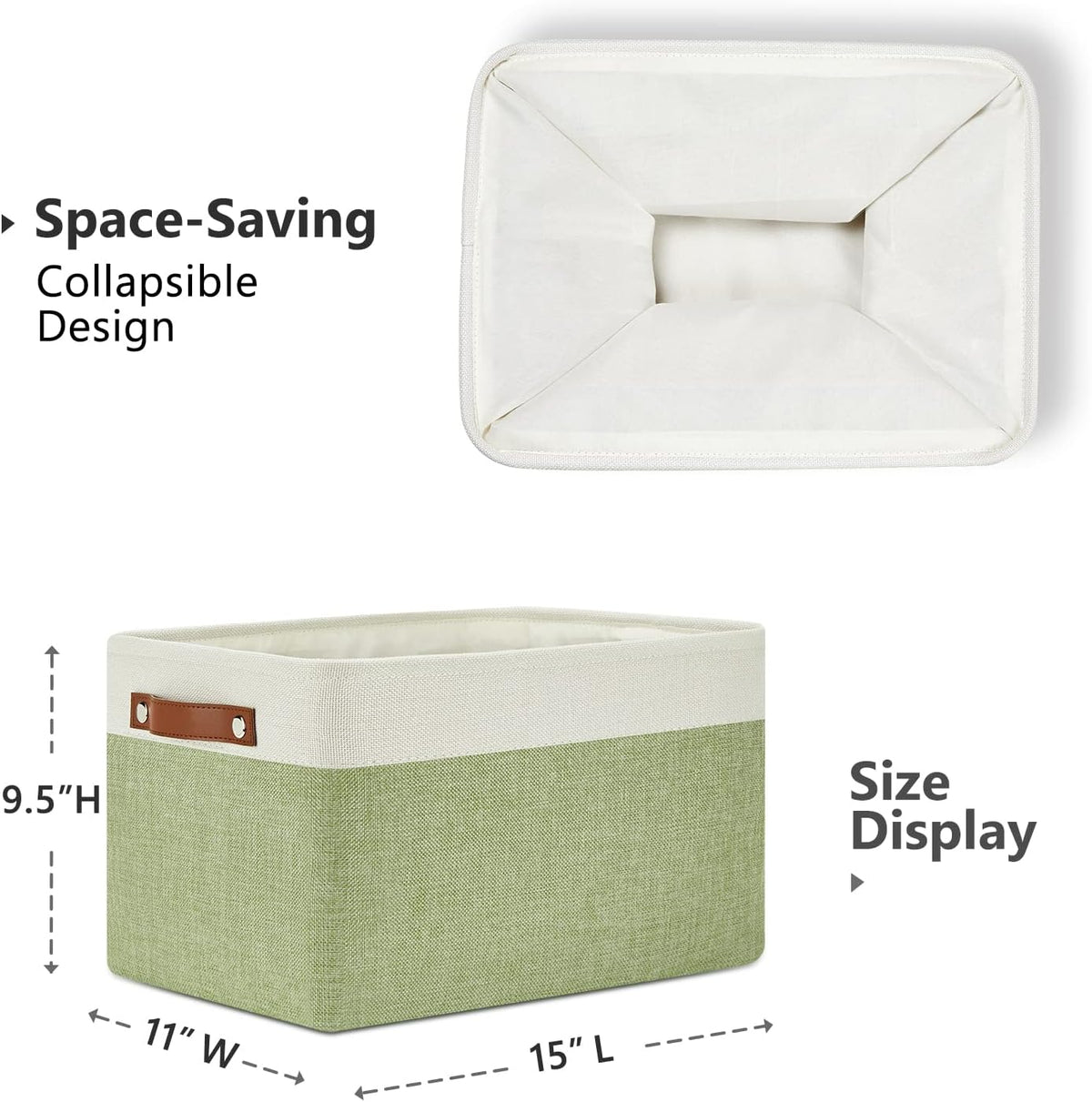 DULLEMELO Fabric Storage Bins for Laundry, Home, Foldable Storage Baskets for Shelves, Toys, Collapsible Storage Bins for Office,Bedroom(3-Pack Medium-15 inch X 11 inch X 9.5 inch , White&Green)