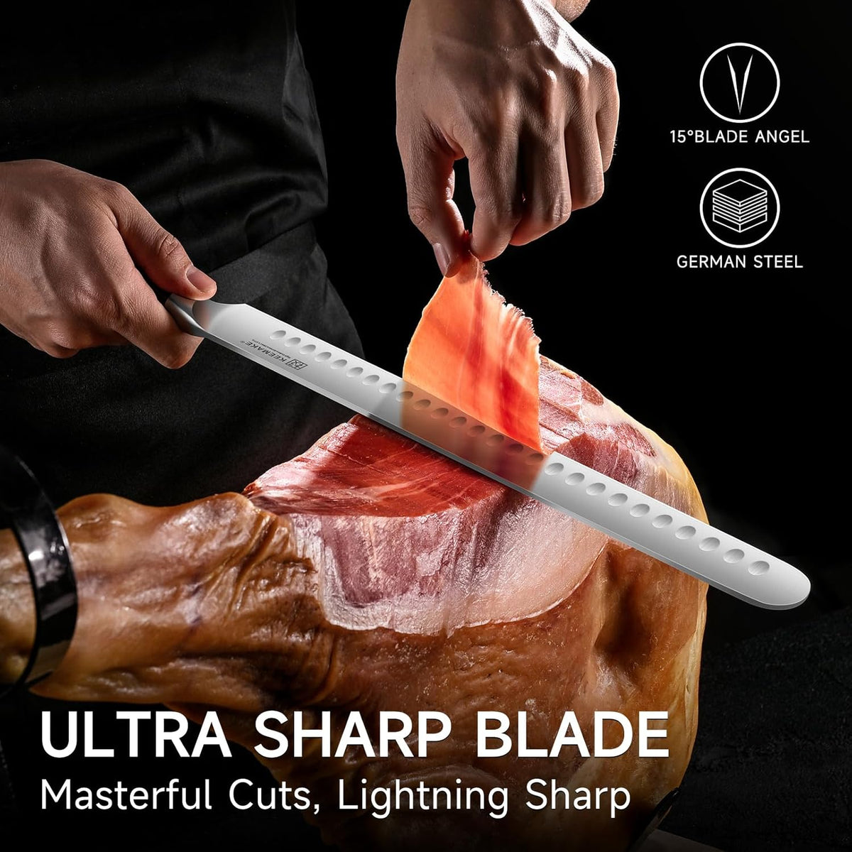 KEEMAKE Brisket Knife 12.5 Inch, Slicing Carving Knife, High Carbon Stainless Steel Sharp Kitchen Knife with Ergonomic Handle Full Tang Design for Ham Meat Cutting and BBQ