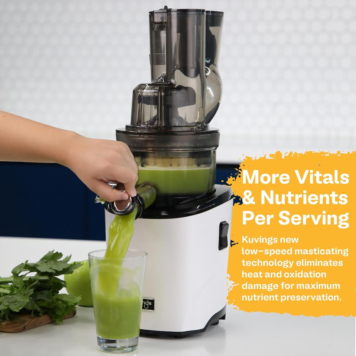 Kuvings Whole Slow Juicer REVO830SWP Cold Press Masticating Juicer Machine - Extra Wide 88mm & 48mm Food Chutes - Quiet Strong Motor Auto-Cut Fruits & Veggies - Smoothie Sorbet Attachment - White