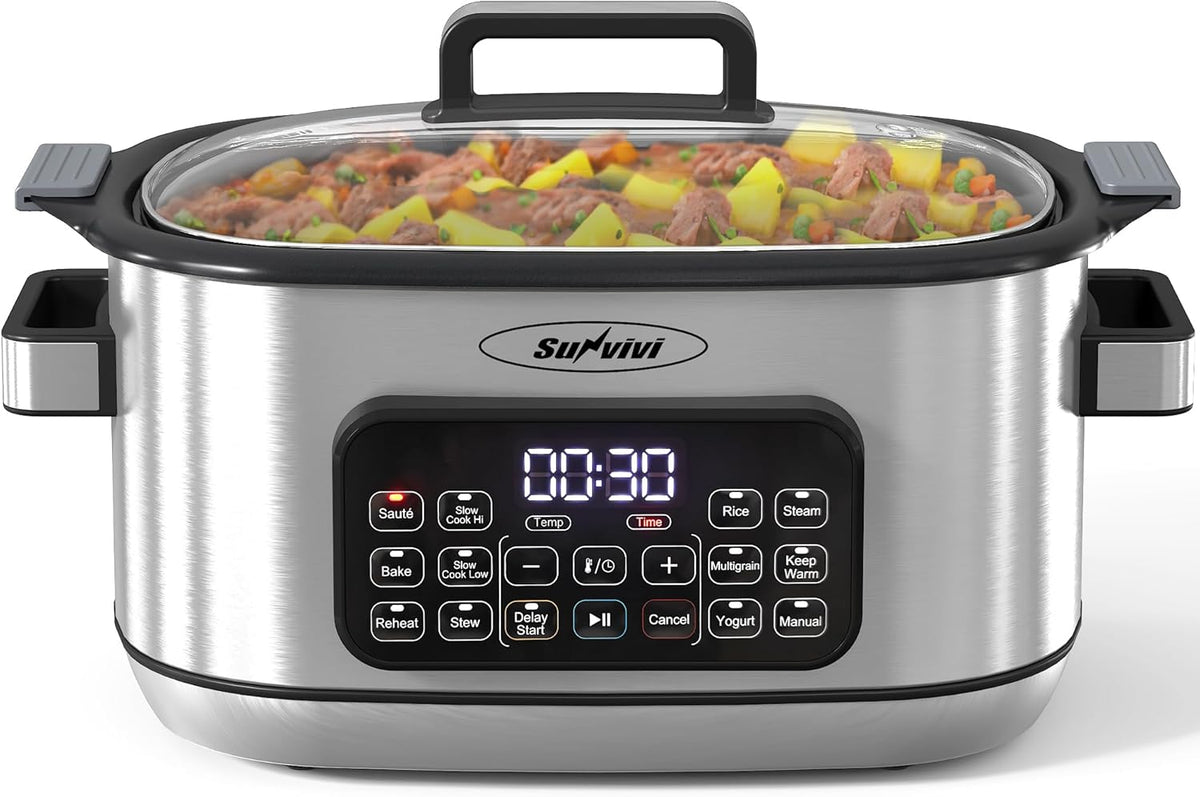 Sunvivi 12-in-1 Multi Slow Cooker Roaster Oven, 6.5QT Sliver Digital Programmable Slow Cooker with Rack, Large Removable Nonstick Crock, Glass Lid, Multicooker with Timer Temp Control, Delay Start