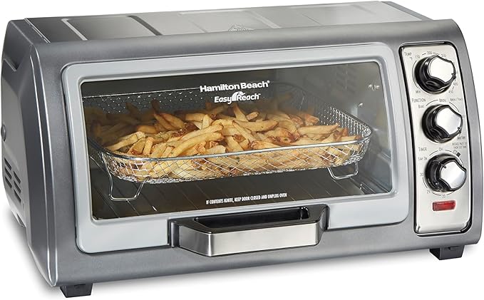 Hamilton Beach Air Fryer Toaster Oven Combo with Large Capacity, Fits 6 Slices or 12” Pizza, 4 Cooking Functions for Convection, Bake, Broil, Roll-Top Door, Easy Reach Sure-Crisp, Stainless Steel