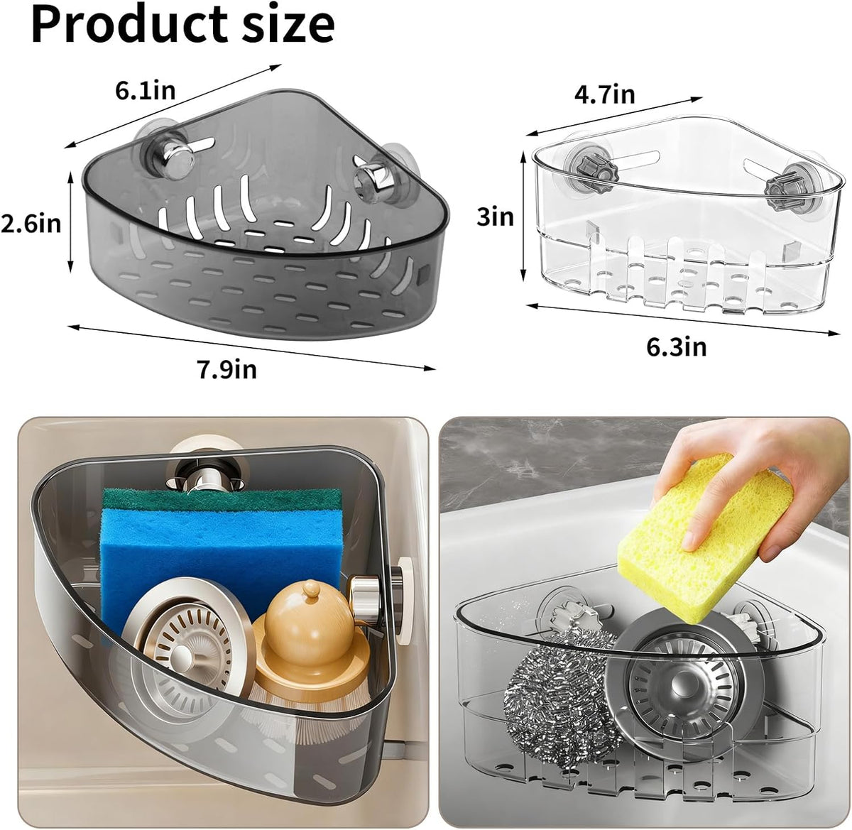 2PCS Suction Cup Sink Corner Rack,2 Size Suction Sinkware Organizer,Triangle Sink Strainer Basket with Drain Hole, Corner Sink Trash Catcher for Leak-Proof Food Waste Catcher for Clean Sink