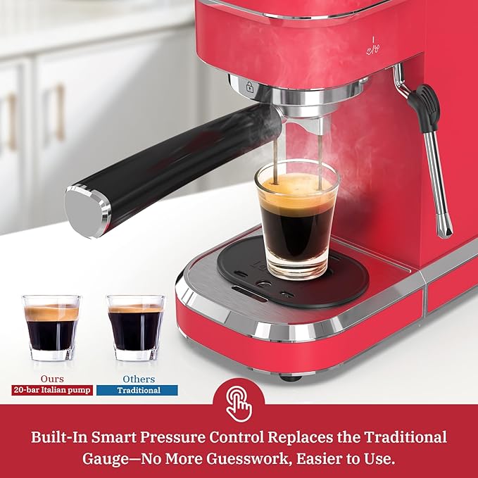 Espresso Machine 20 Bar, Professional Espresso Maker with Milk Frother Steam Wand, Compact Coffee Machine with Removable Water Tank for Cappuccino, Latte, Gift for Dad or Mom, Stainless Steel, Red