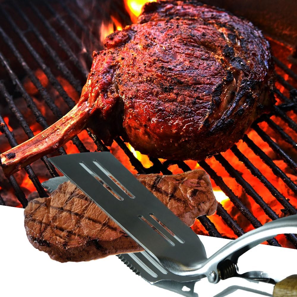 Grill Utensils Set -Innovative 2 in 1 Grill Tongs-Spatula & Barbecue Meat Forks with Long Wooden Handle for Outdoor Grilling,Cooking and Griddling