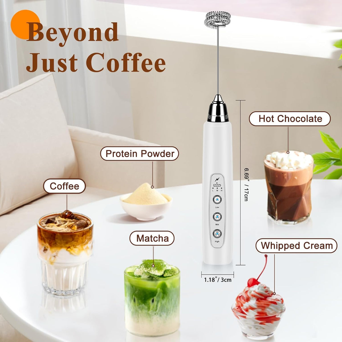 Milk Frother Handheld Rechargeable, Frother Wand Drink Mixer Electric Whisk for Coffee, Detachable With 3 Stainless Whisks, Hand Mixer for Lattes, Cappuccino, Matcha, Egg, No Stand, White