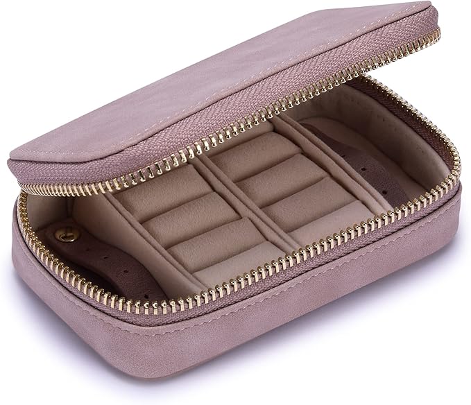 HISCOW Vegan Leather Travel Jewelry Case with Zipper - Portable Necklace & Earring Holder Organizer for Women Girls, Velvet-Lined Ring Box with Anti-Tarnish Design, Grayish Purple