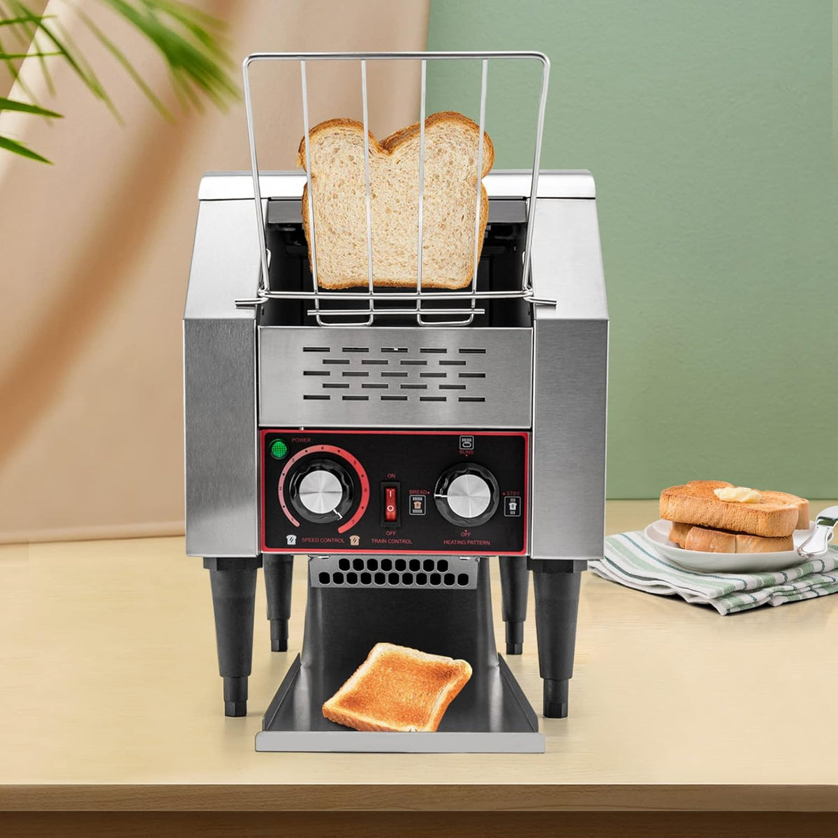 Commercial Conveyor Toaster 150 Slices/Hour Stainless Steel Conveyor Toaster 1300W Electric Toasters Oven Heavy Duty Countertop Restaurant Toaster for Cafes Bun Bagel Bread