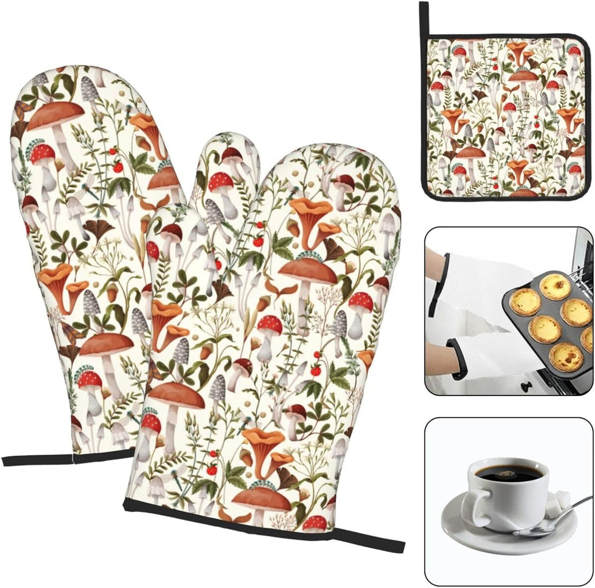Boho Mushroom Decor Oven Mitts and Pot Holders Sets of 3 Hot Pads Cute Botanic Plant Beige Oven Gloves Heat Resistant Non Slip Washable for Kitchen Cooking Grilling Baking