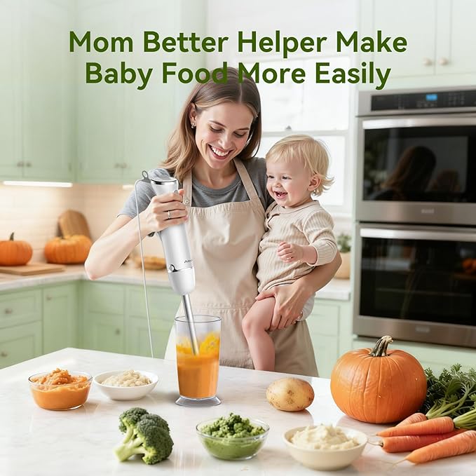 Immersion Blender Handheld 5 in 1 Hand Blender, 1000W Hand Mixer Stick, BPA-Free 12 Speed Handheld Blender with Mixing Beaker, Chopper, Whisk and Milk Frother for Soup, Sauce, Baby Food (White)