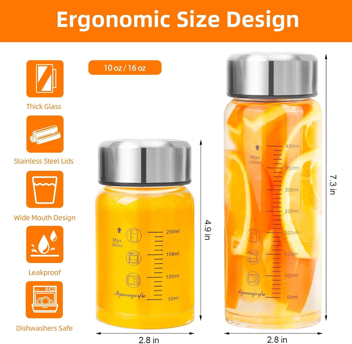 Glass Juice Bottles 6 Pack 10 oz - Wide Mouth Glass Water Bottles with Lids - for Juicing, Smoothies, Milk, Protein, BPA Free, Reusable, Stainless Steel Lids, Leak Proof, Shaker bottle (10oz/300ml)