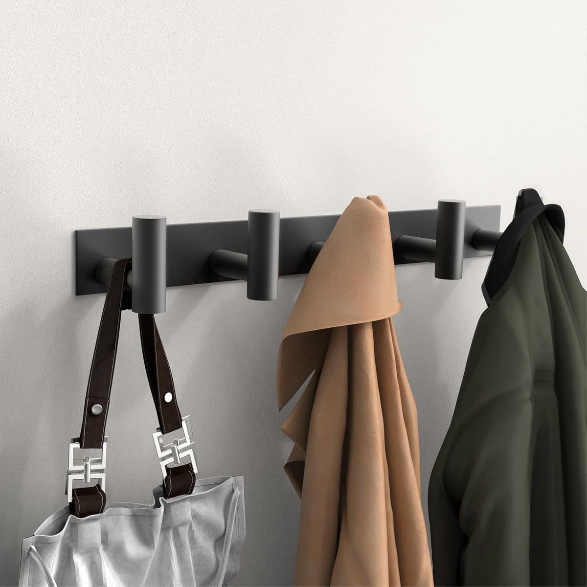 PMMASTO Coat Rack Wall Mounted, 5 "T Shaped Wall Hooks for Hanging, Heavy Duty Stainless Steel Coat Hook Rail for Hat Towel Robes in Bathroom Kitchen Mudroom Entryway (Black, 1 Pack)