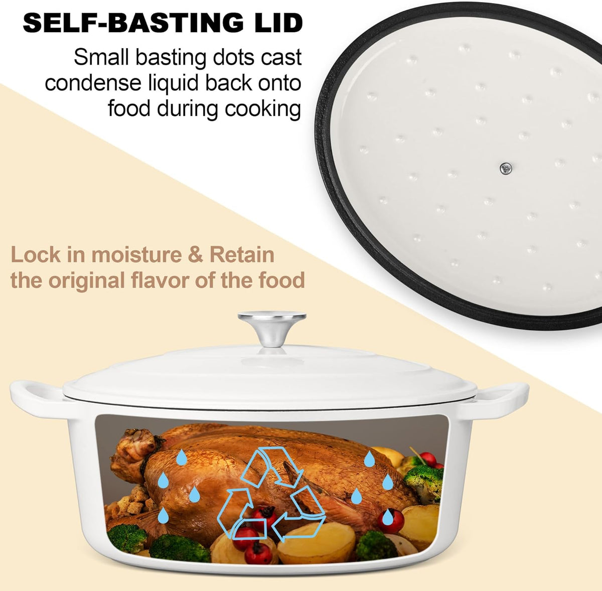 E-far 7QT Oval Dutch Oven Pot with Lid, Enameled Cast Iron Dutch Oven with Dual Handles for Sourdough Bread Baking Cooking, Nonstick Enamel Coated Cookware(White), Non-Toxic & Easy Clean