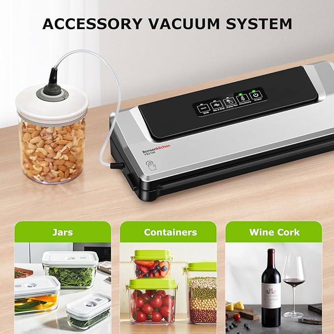 Bonsenkitchen Vacuum Sealer Machine, Precision-Compact 4-in-1 Food Sealer Machine, Multi-Functional Food Vacuum Sealer with & Accessory Hose, Bright Silver