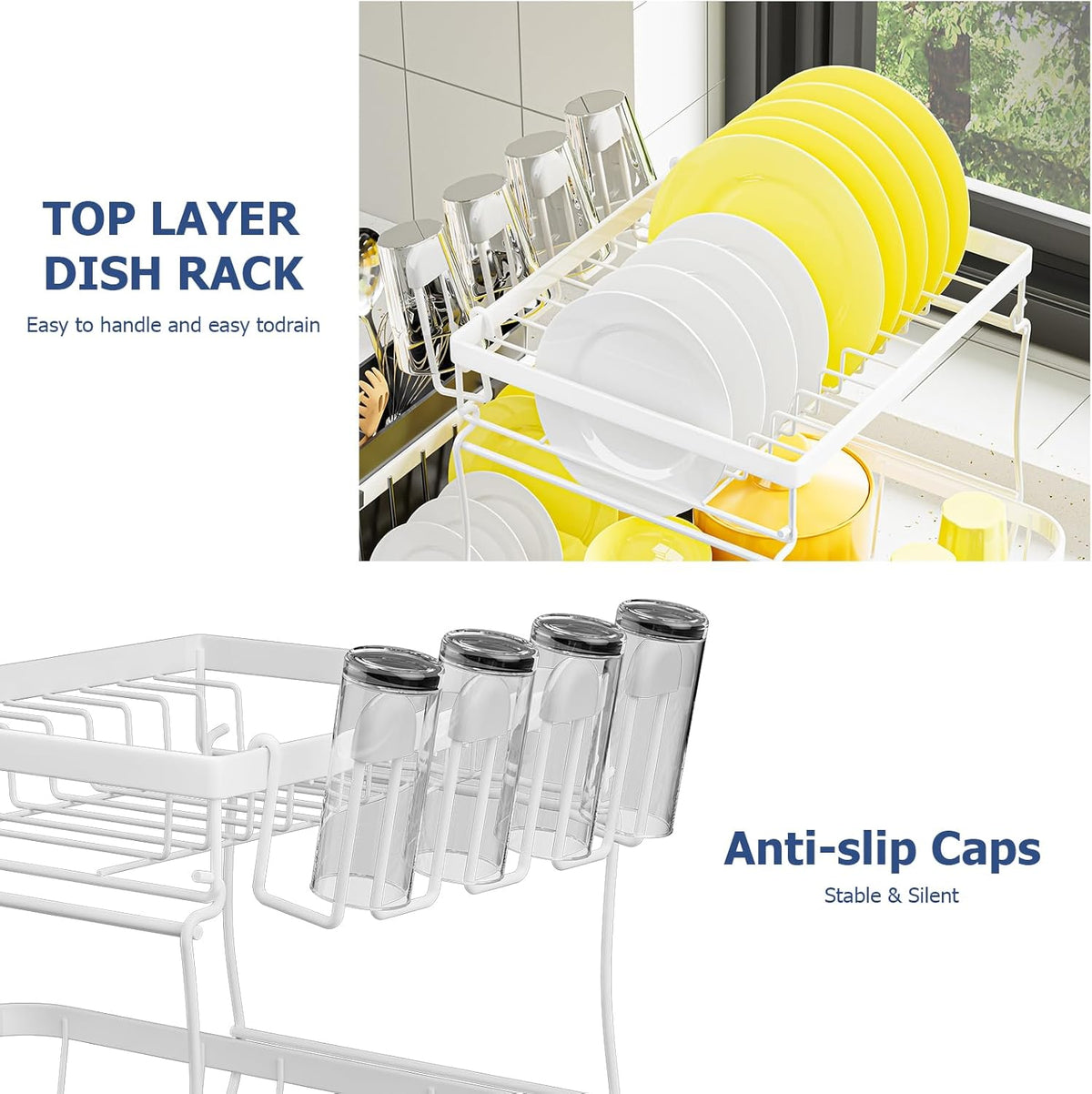 Dish Drying Rack 2-Tier Dish Racks for Kitchen Counter, Adjustable Spout Auto-Draining Dish Rack, Large Capacity for Plates, Bowls, Cups, Tableware，Dish Drainer with Drainboard,White