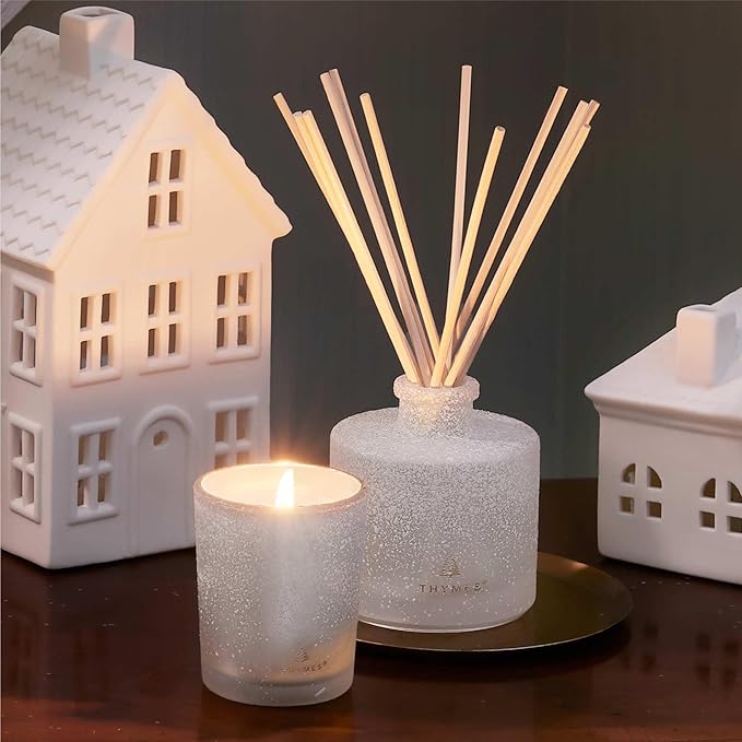 Thymes Frasier Fir Reed Diffuser Set – Includes Reeds, Fragrance Oil, and Frosted Glass Bottle – Fragrance Oil Diffuser – Room Fresheners – Luxury Home Decor – White (Flocked, 4 fl oz)