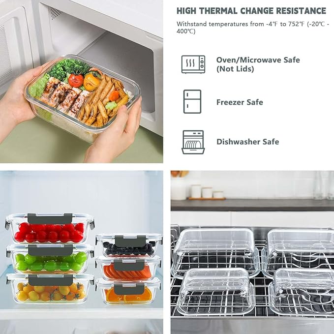 KAMOTA Glass Food Storage Containers, 10 Pack Glass Meal Prep Containers, Airtight Containers with Snap-Lock Lids, 34 oz and 13 oz gray Container Set with Lids, for Microwave/Oven/Freezer/Dishwasher