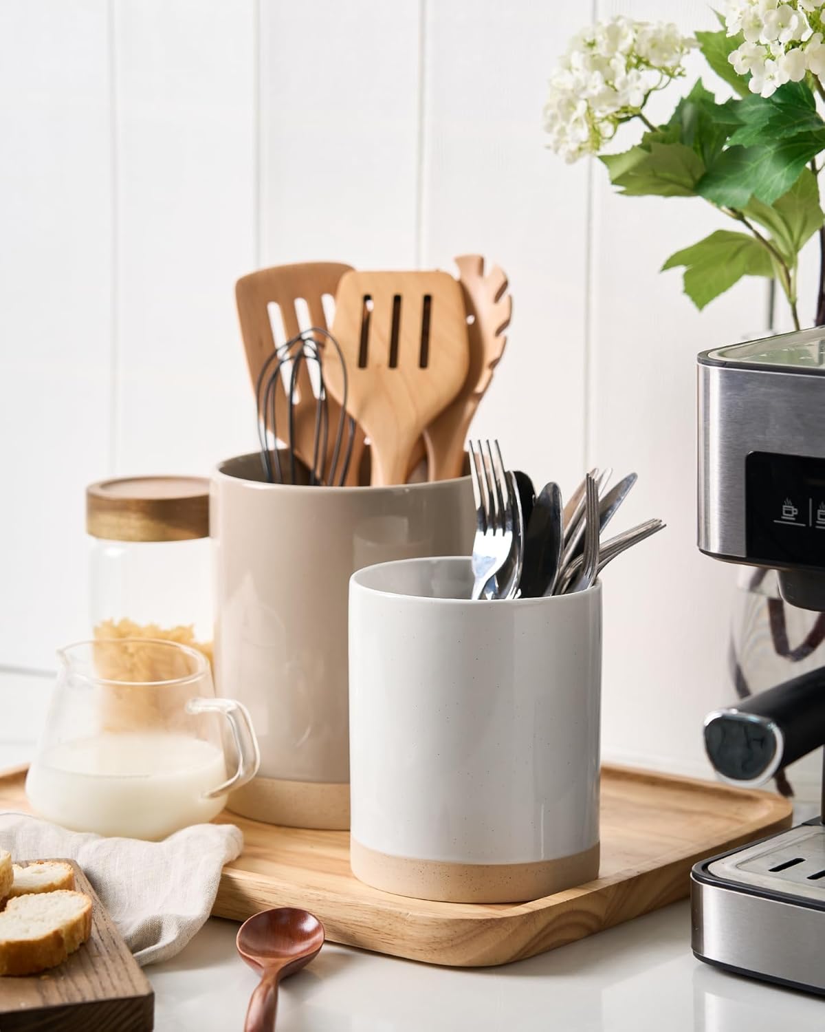 famiware Milkyway Kitchen Utensil Holder for Countertop, Ceramic Cooking Utensil Crocks for Kitchen Counter, Utensil Organizer for Spatula & Spoon, Set of 2, Cinnamon Brown and White