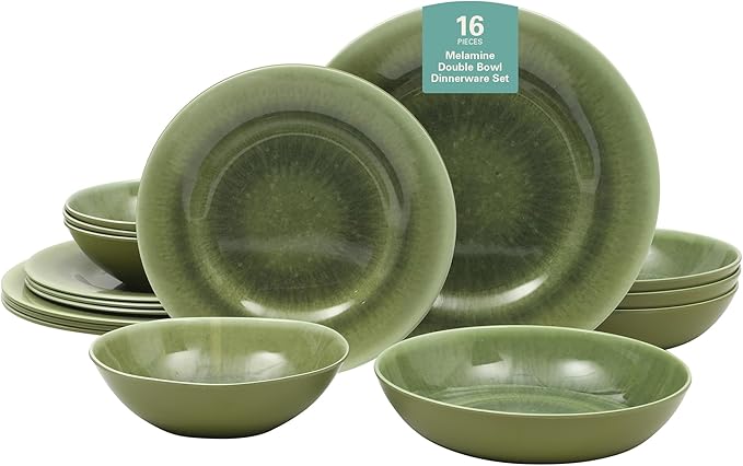 Gibson Home Casper Court 16-Piece Melamine Dinnerware Set – Green Reactive Glaze Look Plates and Bowls, Service for 4 – Top Rack Dishwasher Safe Everyday Dining Set
