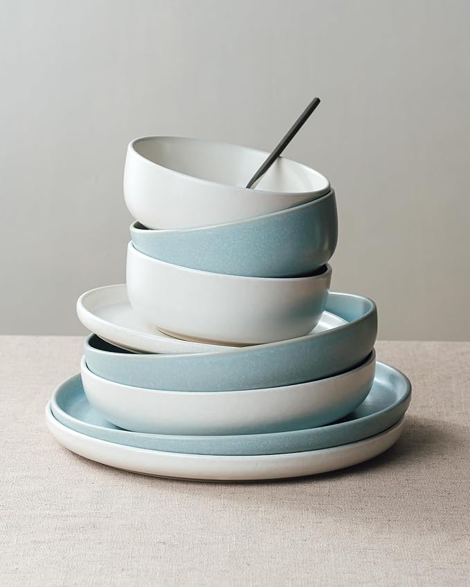 Famiware Milkyway Plates and Bowls Sets, 12 Pieces Dinnerware Sets, Reactive Glaze Dish Set, Stoneware Dishes Set for 4, Matte Beige White & Light Blue