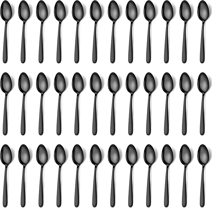 Pleafind 36 Pieces Black Teaspoons Set - 6.2 inch, Spoon Silverware, Stainless Steel Tea Spoons, Mirror Polished Small Teaspoon, Dessert Spoons for Home, Kitchen, Restaurant, Dishwasher Safe