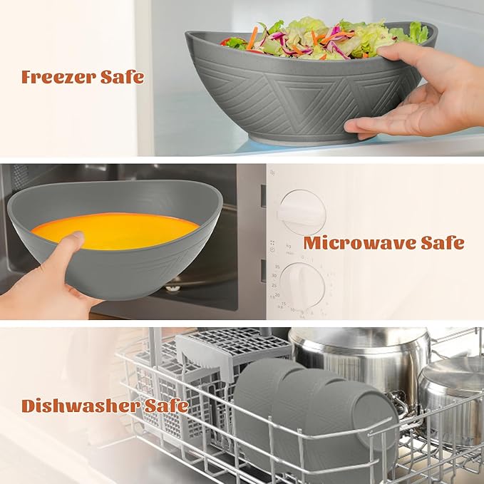 Homienly Wheat Straw Bowls, Large Salad Bowls Set of 6-60 OZ Serving Bowl for Kitchen, Camping, Party - Unbreakablke Microwave and Dishwasher Safe Big Cereal Bowl, Large Soup Bowl - Grey