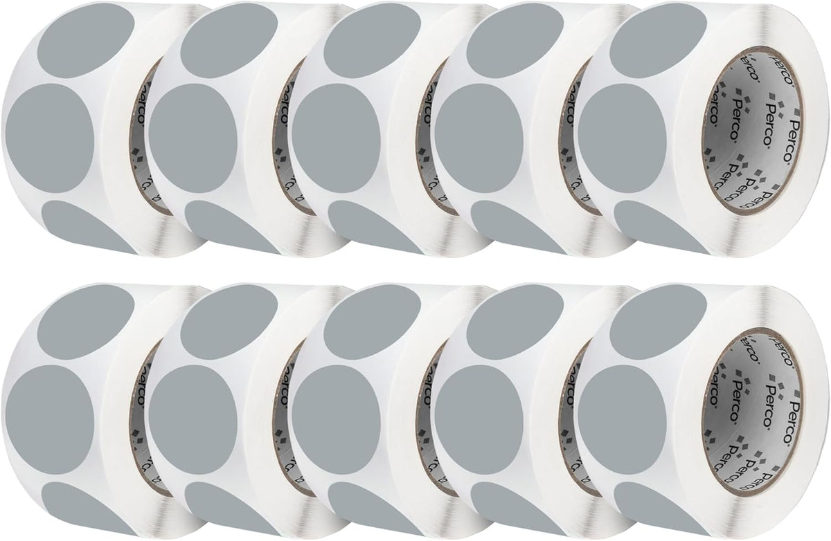 Perco Grey 3-Inch Perforated Circle Dot Sticker Labels — 10 Rolls, 5,000 Round Stickers — with Permanent Adhesive for Moving Boxes, Sale Signage, Displays, Status Messaging—Made in USA