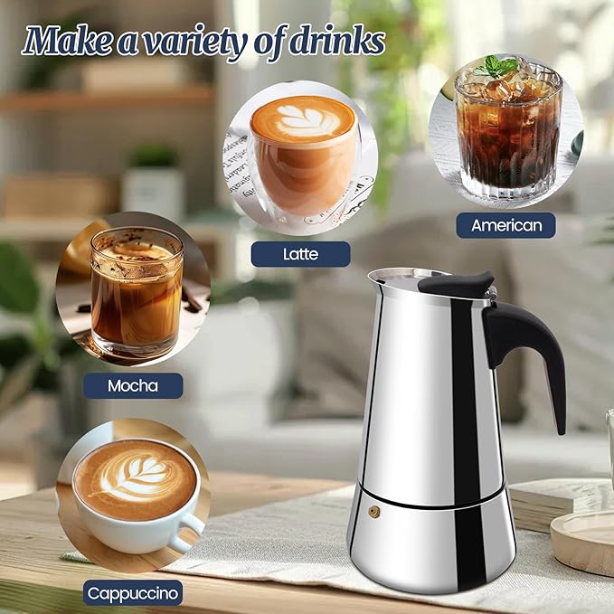 2 Cup Moka Pot Stainless Steel 100ml Italian Espresso Coffee Maker Stovetop CoffeeMakers Mocha Pot Percolator for Induction Stove Classic Cafe Makers Portable for Easy Brewing Tummy