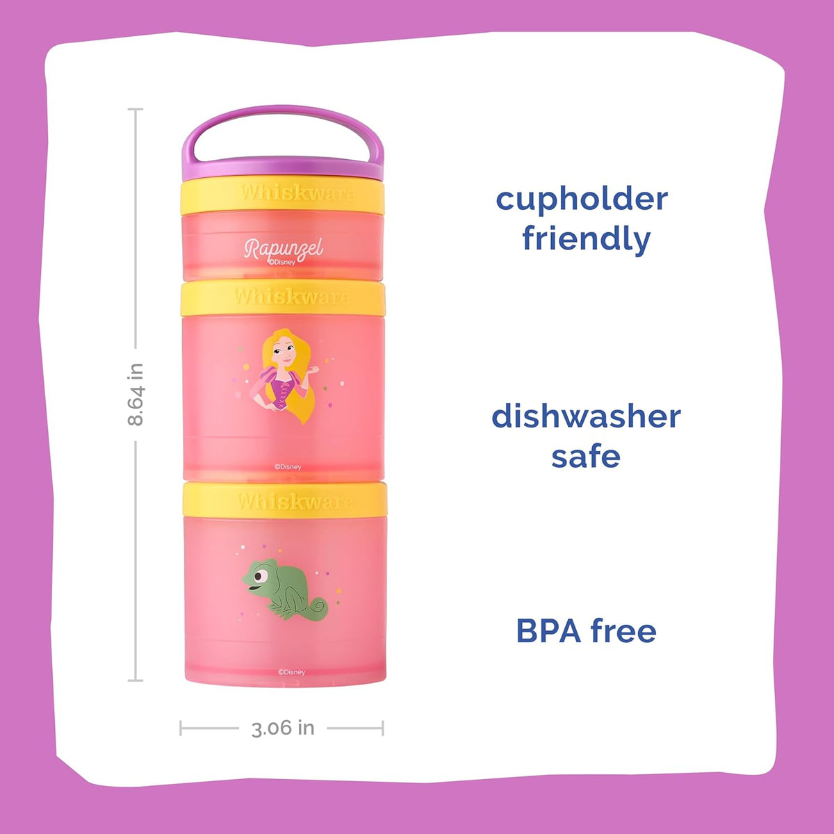 Whiskware Disney Princess Tangled, Stackable Snack Containers for Kids, 3 Stackable Snack Cups for School or Travel, Formula and Cupholder Friendly, Rapunzel and Pascal