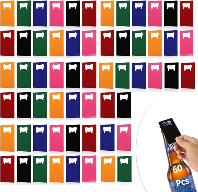 QTLCOHD 60 Pieces Credit Card Bottle Opener Stainless Steel Bottle Opener Bulk Metal Card Size Beer Bottle Openers for Wallet Pocket Wedding Party Favor (Mixed Color)