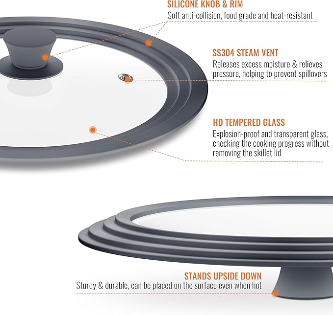 Universal Lids for Pots, Pans and Skillets, 10.5", 11" and 12" Pan Lid, Tempered Glass Pot Lid with Silicone Rim Heat Resistant, Replacement Pan Cover for Frying, Cookware & Bakeware Lids, Grey