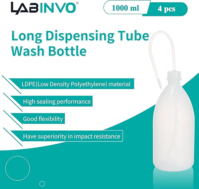 4pcs of Economy Wash Bottles, Vol.1000ml (34oz), Narrow-Mouth Squeeze Bottles Bottles, LDPE Material, with Long Dispensing Tube,IN-WBNL1000