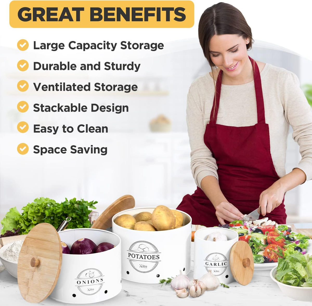 Canister Sets for Kitchen Counter with Wooden Bamboo Lids, Kitchen Canisters for Countertop, Stackable Steel Farmhouse Canisters for Potato Storage, Onion and Potato Storage Bins - White
