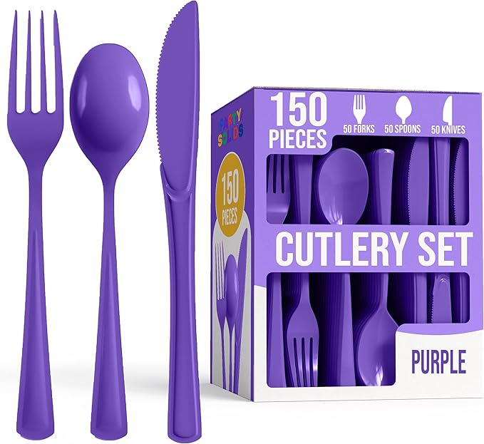 Party Solids Purple Plastic Silverware Heavy Duty 150 Pieces Purple Plastic Cutlery Sets, Utensil Sets, 50 Of Each Forks, Knives & Spoons Disposable Cutlery Set, Flatware Set For Party Supplies