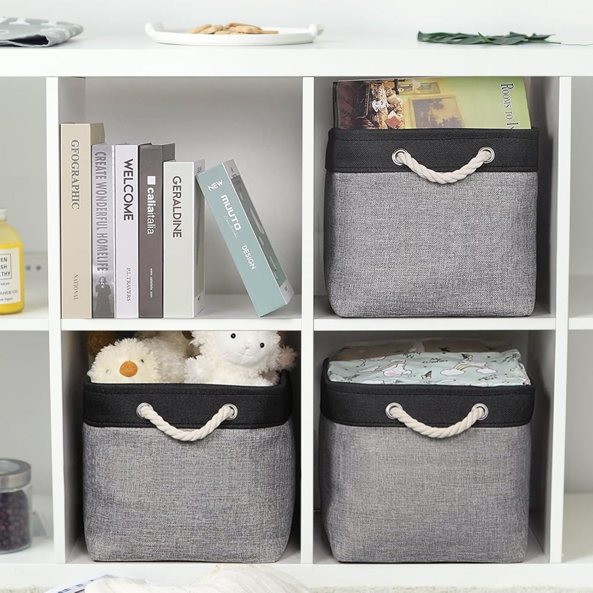 TheWarmHome Storage Basket for Organizing - 16x12x12 inch Cube Storage bin 3 Pack Fabric Storage Cubes, Collapsible Storage Box for Organizer Cloth Gift Toy Closet (Black & Grey)