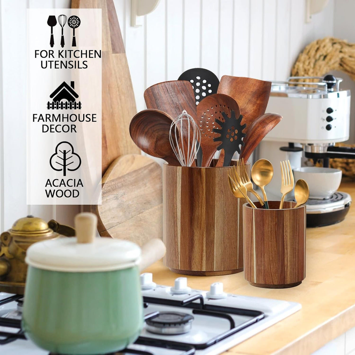 Acacia Wood Utensil Holder for Kitchen Counter, 360° Rotating 7.3"+5.7" Large Cooking Utensil Holder,Kitchen Utensil Crock for Countertop,Farmhouse Kitchen Decor,Spatula Holder Set of 2